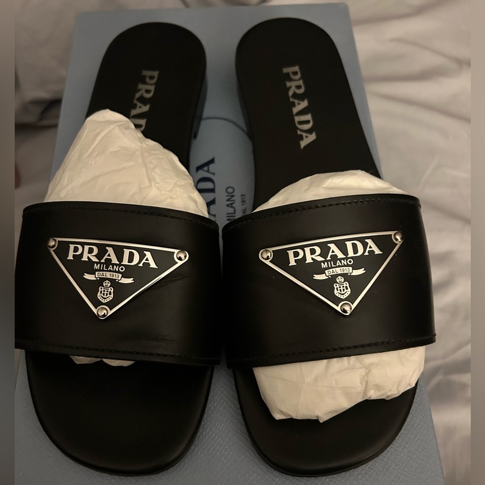 AUTHENTIC Prada logo slides/sandals